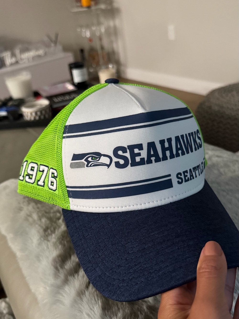 New Era Seahawks Trucker Cap - Navy, White & Neon Green